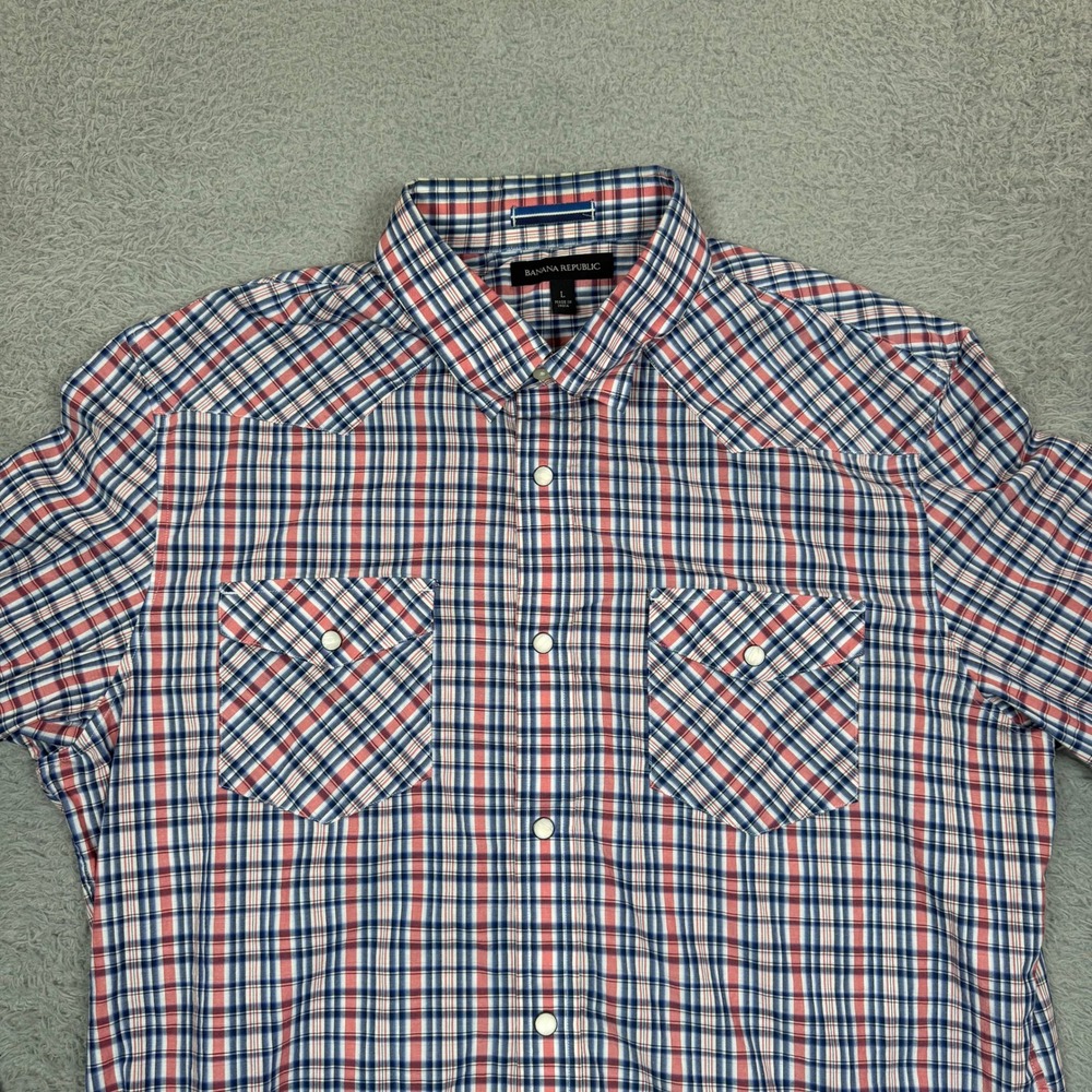 Banana Republic Mens Western Pearl Snap Plaid Shirt Red White Blue Large Stretch - Picture 3 of 12